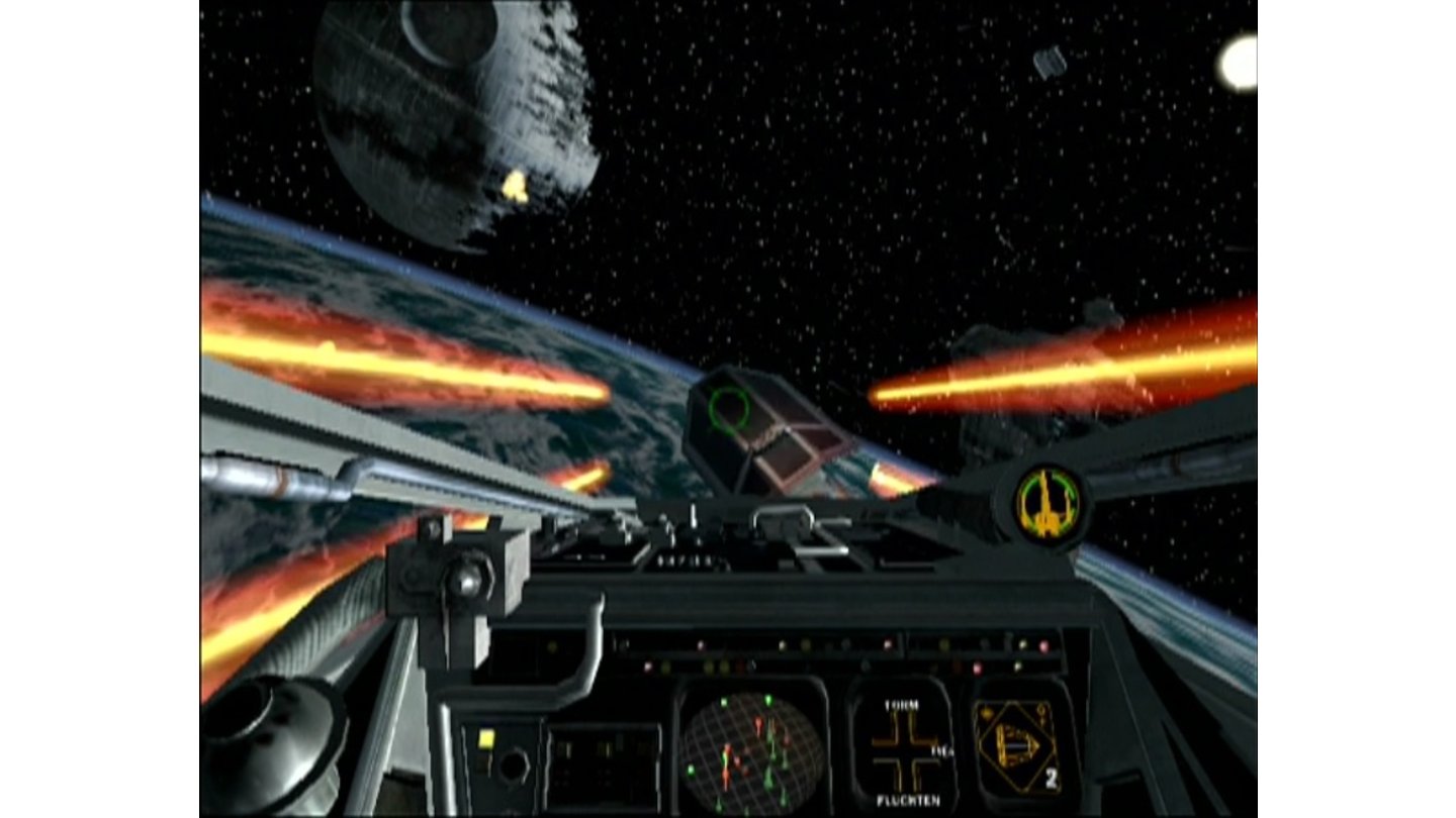 Star Wars Rogue Squadron 2: Rogue LeaderAuf dem Weg zum Finale: Während im Hintergrund der zweite Todesstern auf uns wartet, bekämpfen wir imperiale Schiffe aus der Cockpitperspektive.