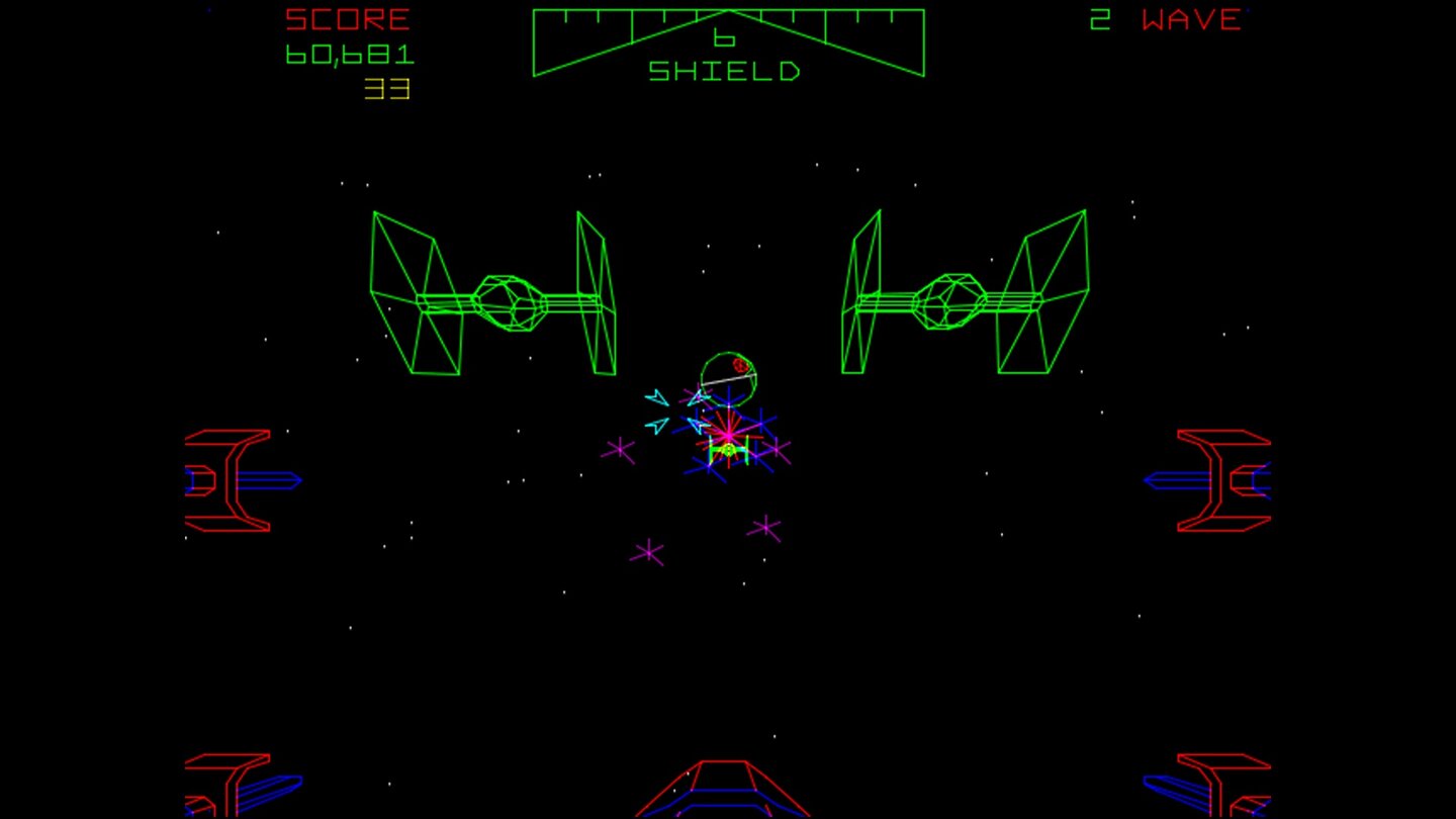 Star Wars: The Arcade Game (1983))So richtig legendär wurde Star Wars in Zockerkreisen mit Ataris erster Arcade-Version. Darin flog man Luke Skywalkers Angriff auf den Todesstern als Railshooter in Vektorgrafik – komplett mit TIE-Fighter-Kämpfen, Ballern auf Abwehrtürme und Flug durch den Korridor mit abschließendem Versenken eines Torpedos in den fatalen Lüftungsschacht. Dann startete das Spiel mit einem höheren Schwierigkeitsgrad neu. Der Rekord für ein Endlosspiel liegt übrigens bei über 50 Stunden. Der Shooter war derart populär, dass er insgesamt auch für mehr als ein Dutzend Heimkonsolen umgesetzt wurde – zuletzt für Gamecube als Secret in Rogue Squadron 3.