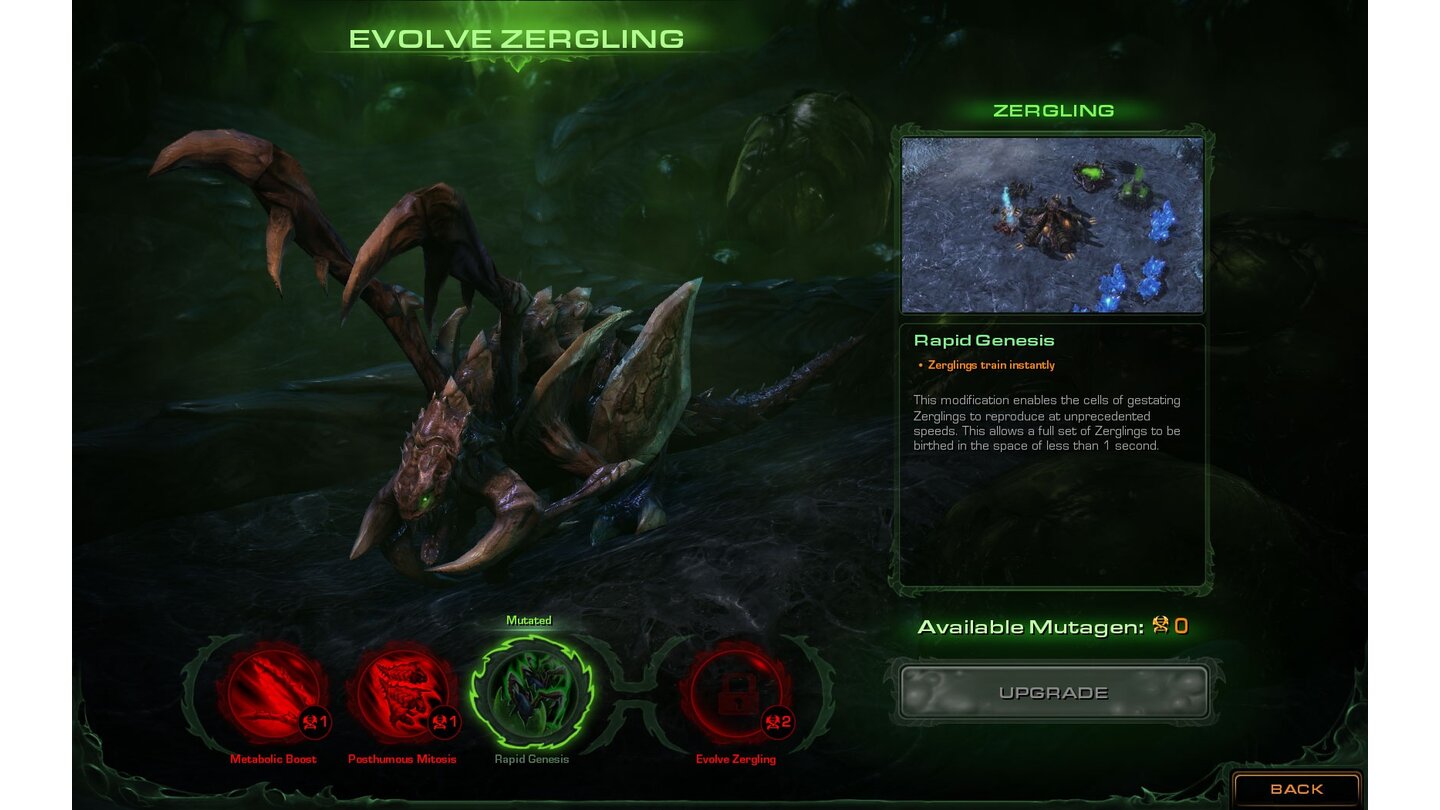 StarCraft 2: Heart of the SwarmEvolutionskammer: Zerglinge können durch Mutagen mehrfach verbessert werden.