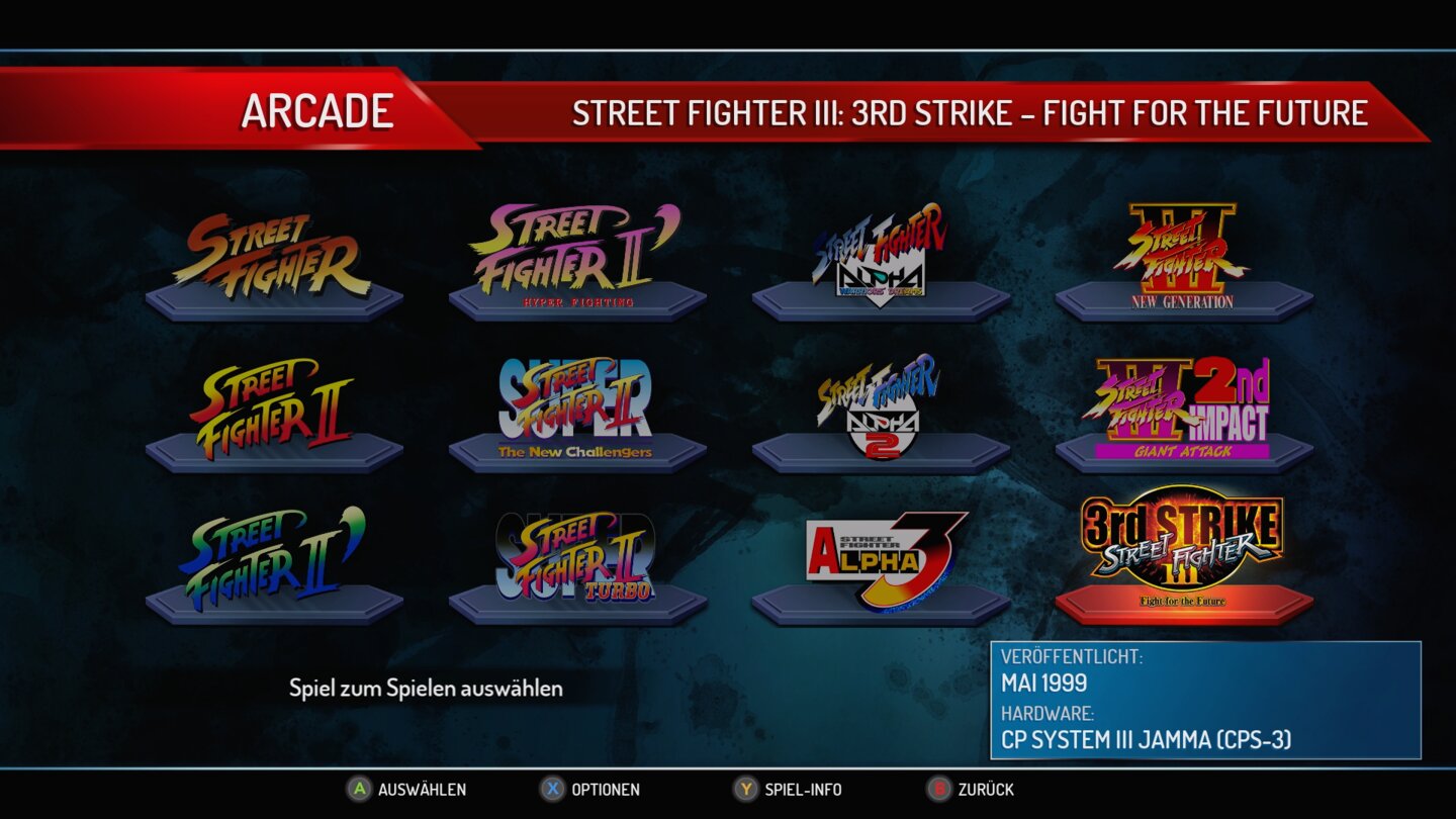 Street Fighter 30th Anniversary CollectionDer Auswahlbildschirm täuscht etwas. Es sind 12 Logos, aber dahinter stecken lediglich sechs Hauptteile mit sechs zusätzlichen Varianten.