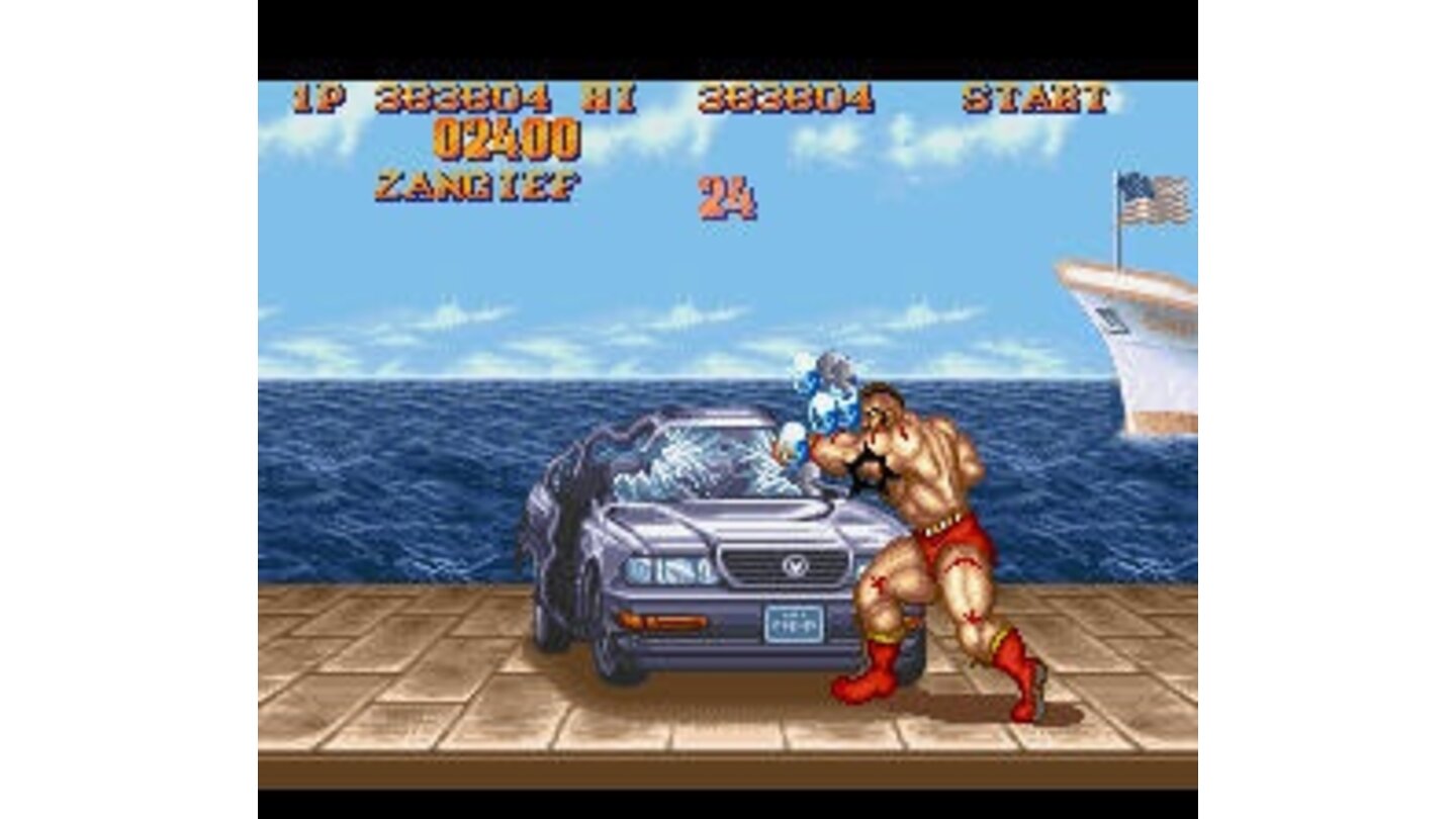 Zangief wrecking a car in one of the bonus mini-games