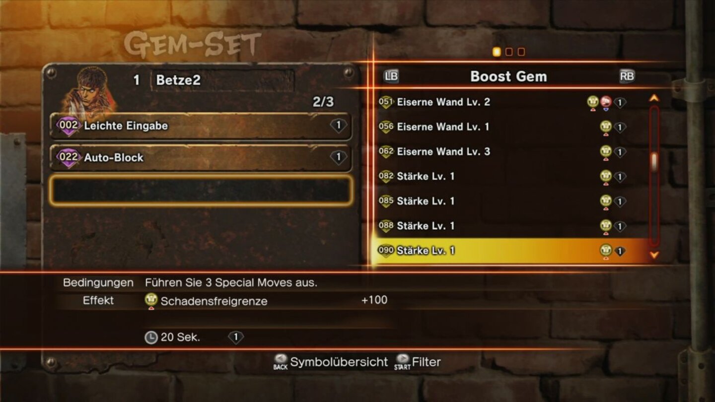 Street Fighter X TekkenIm Menü stellt ihr euch das gewünschte Gem-Set zusammen.Dabei greift ihr auf Boost-Gems als auch auf Assist-Gems zurück.