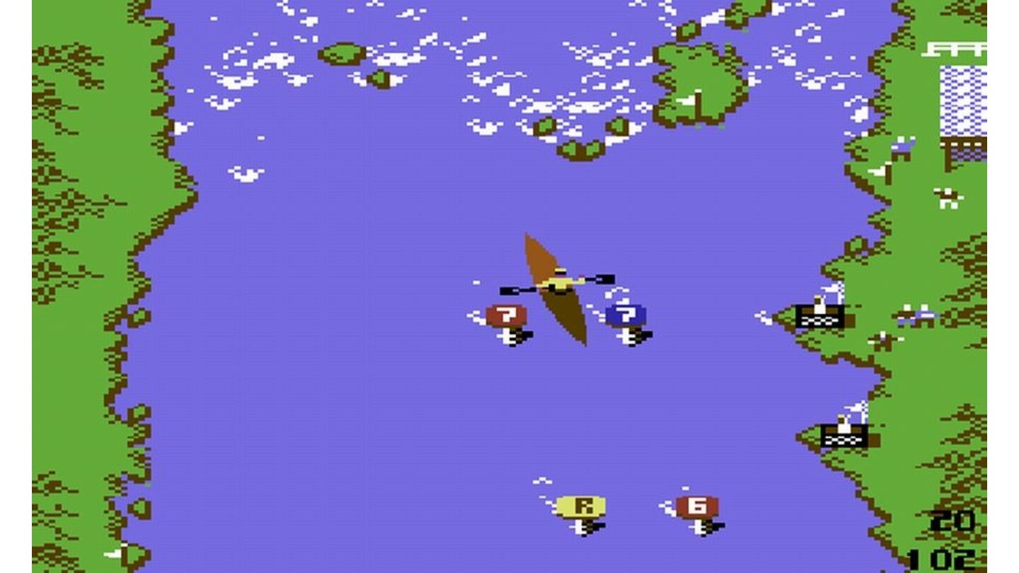 Summer Games 2Das Kajak steuert sich wie ein schwimmender Pixel-Panzer. Und dann verteilen die Entwickler noch jede Menge Hindernisse auf der Strecke ...