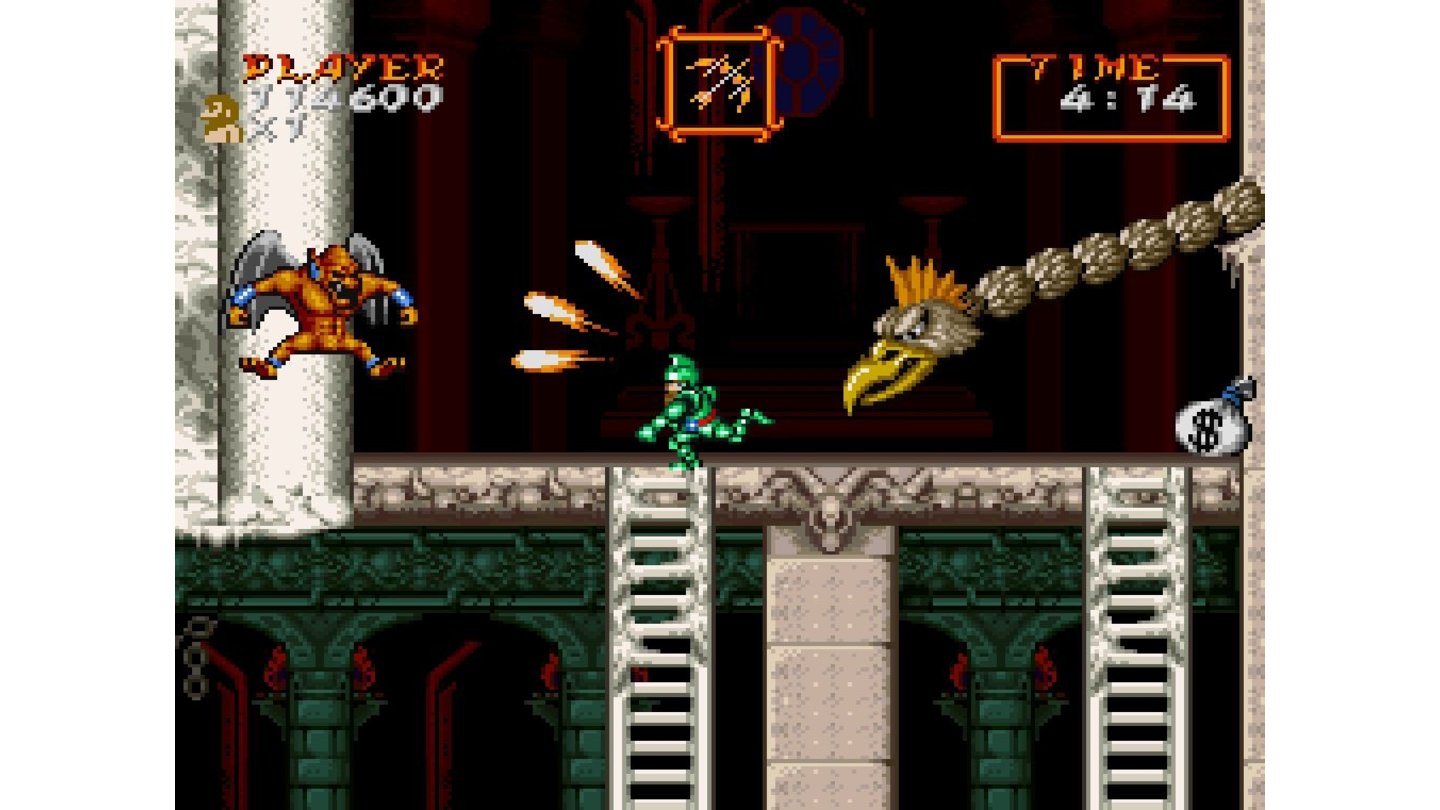 Super Ghouls'n GhostsDie fliegenden Gargoyles (links) gehören zu den kniffligsten Gegnern des Spiels. Sie verfolgen Arthur oft durch den halben Level.