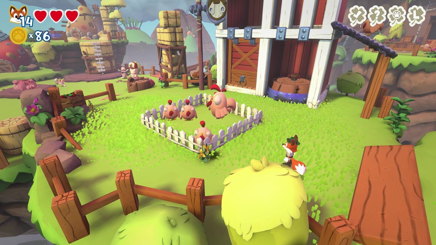 Super Lucky's TaleAuch in den 3D-Levels gibt es Zusatzaufgaben. Für die wurmigen Landwirte treibt ihr etwa eine Reihe entlaufener Hühner im Gehege wieder zusammen.