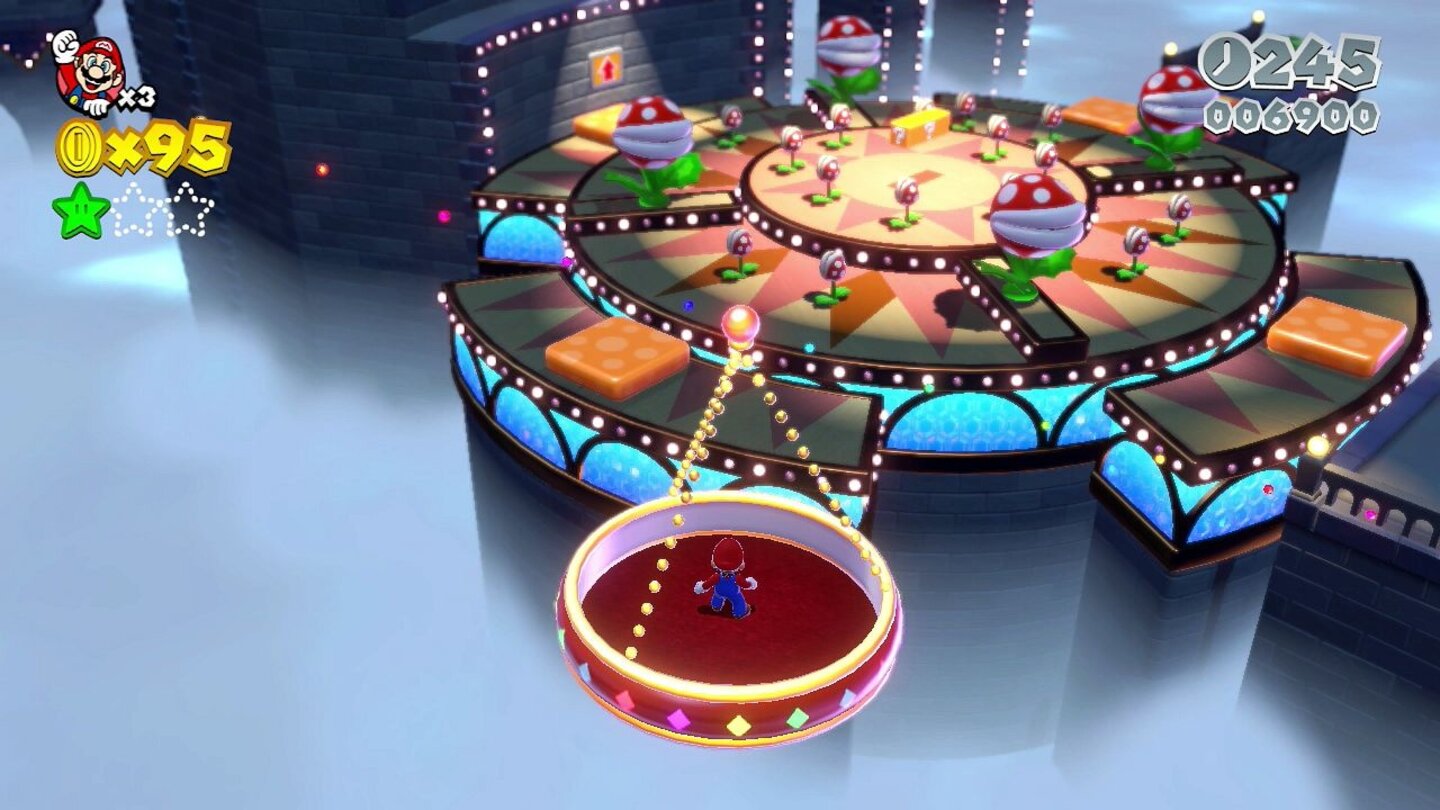 Super Mario 3D WorldIn einer Gondel schweben wir auf eine Plattform zu, die mit Piranha-Pflanzen gefüllt ist.