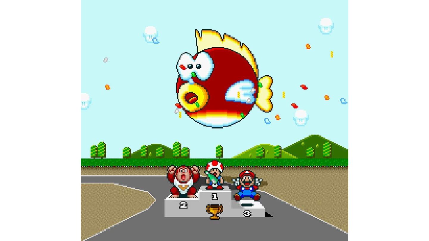 Super Mario KartGewonnen! Toadie bekommt in einer feierlichen Zeremonie den Pokal für den 50er Star Cup. Doch mit der folgenden 100er-Klasse geht das Spiel erst richtig los …