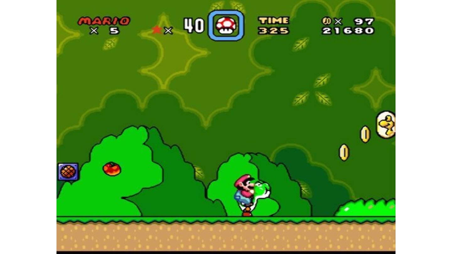 Riding Yoshi the dinosaur and eating up Koopas and other enemies