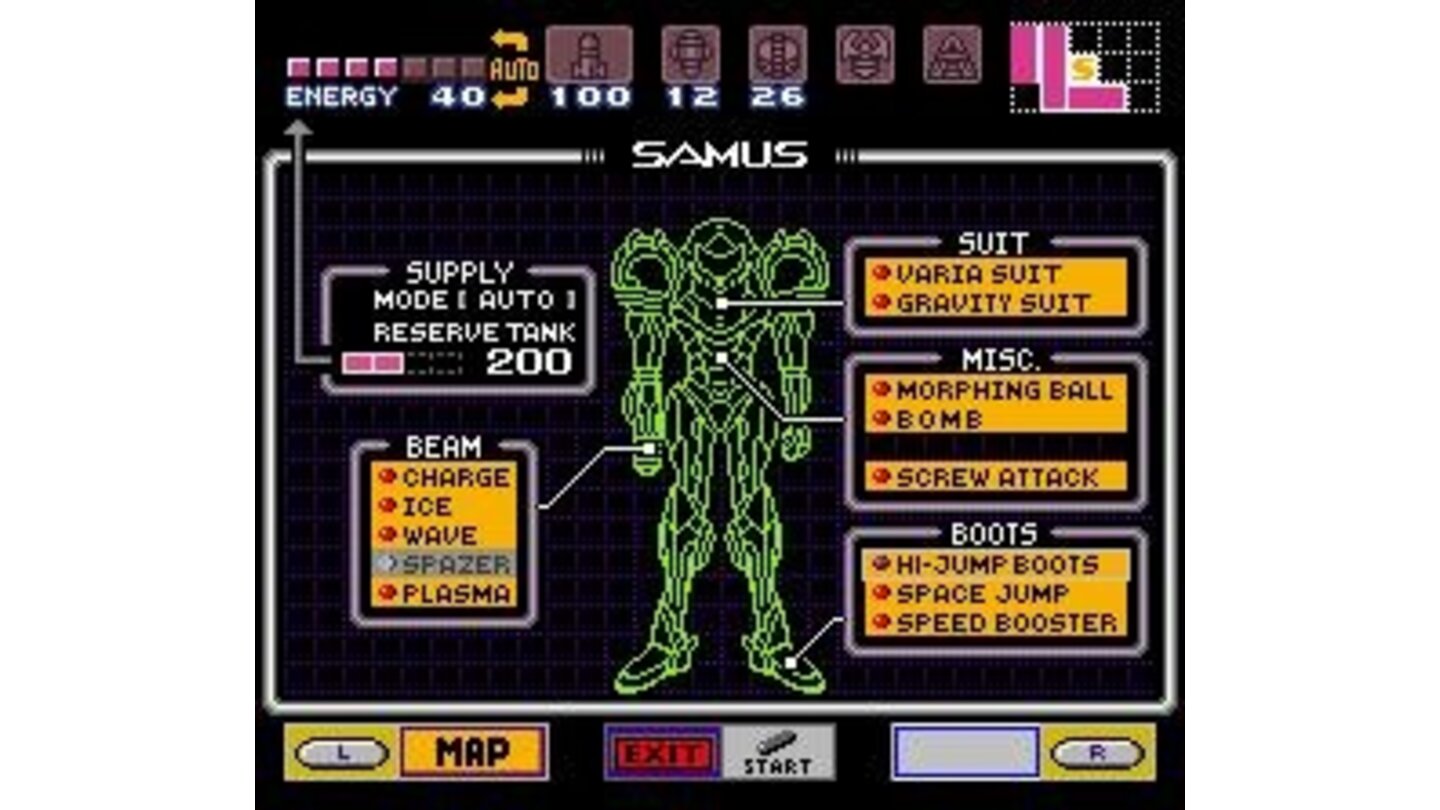 Press Start to see what equipment Samus has picked up