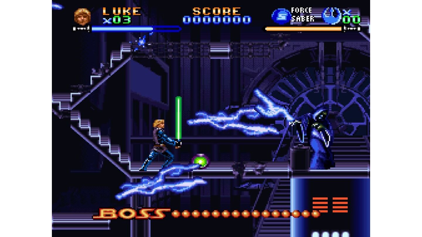 Super Star Wars: Return of the JediBlitze auf dem ganzen Bildschirm: Der Imperator lässt uns seine Macht spüren – aber auch Luke hat gewaltige Fähigkeiten.