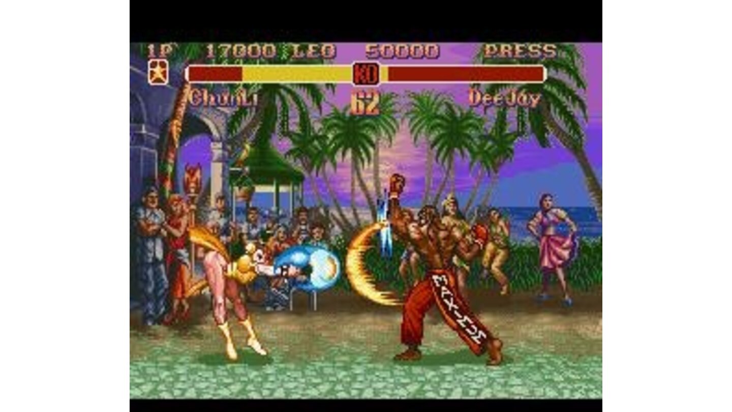 Fighting in Jamaica: Chun-Li makes a Kikouken and Dee Jay strikes back with a Max Out.
