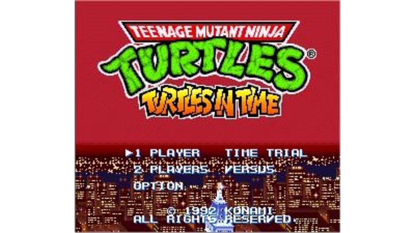 Turtles In Time titlescreen. You can choose different game modes: 1 or 2 players, time trial and versus.