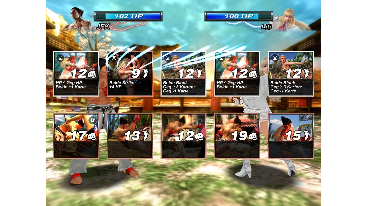 Tekken Card TournamentAttacke bevorstehend: Beide Kämpfer haben die maximale Zahl an Karten gesammelt.