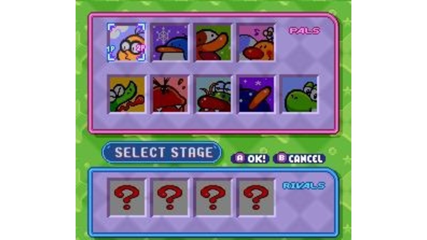 VS mode character select screen for 2 players.. there are 4 hidden characters to unlock
