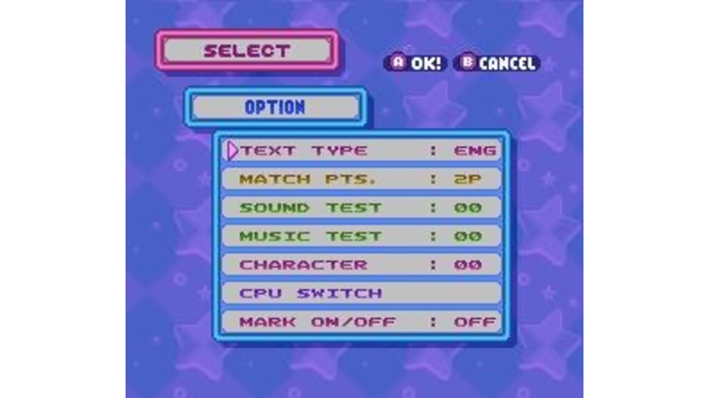 Options screen. It is possible modify some details in the game.