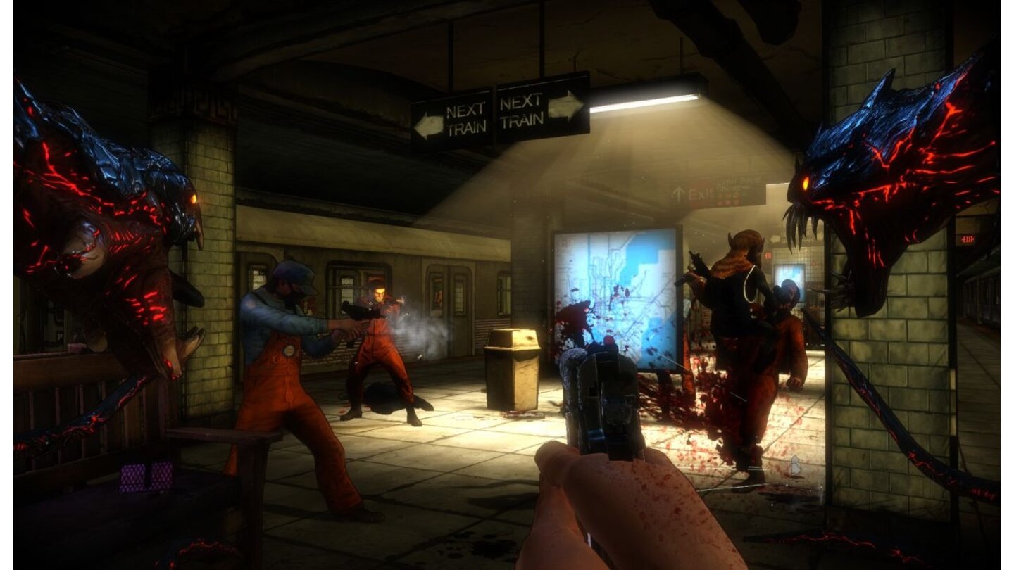 The Darkness 2Duell in der U-Bahn-Station: Durch die Mixtur aus Nahkämpfen und Schießereien spielen sich die Kämpfe in The Darkness 2 sehr dynamisch.