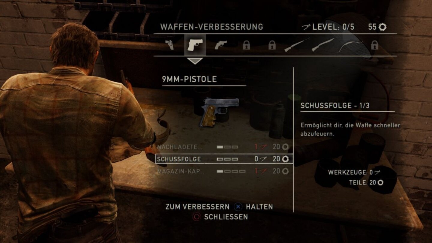 The Last of Us RemasteredAn Werkbänken kann Joel seine Waffen und Gegenstände verbessern.