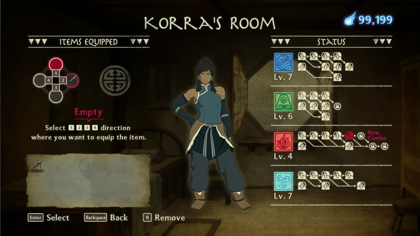 The Legend of KorraUnser recht überschaubares Kombo-Arsenal dürfen wir jederzeit in Korras Zimmer einsehen.