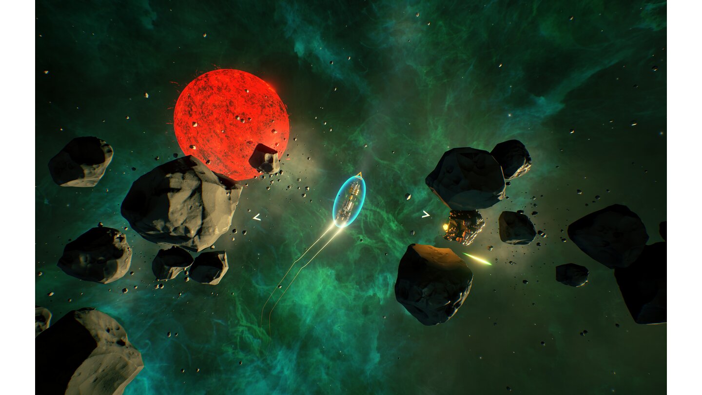 The Long Journey HomeVorsicht im Asteroidenfeld, Kollisionen nagen am Schild des Schiffes.