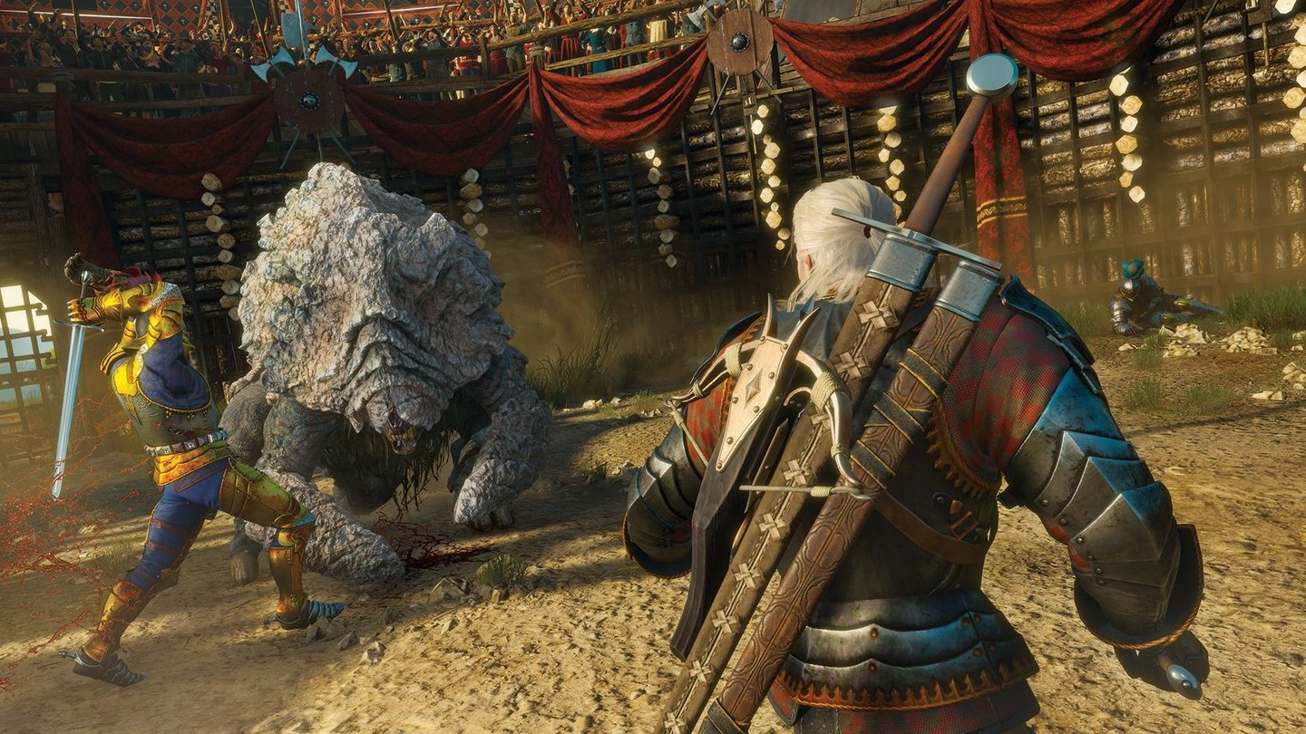The Witcher 3: Blood and WineIn der Arena kriegt es Geralt mit einem Steinmonster zu tun, das dem Klang nach jagt und daher durch Bombenknall verwirrt werden kann.