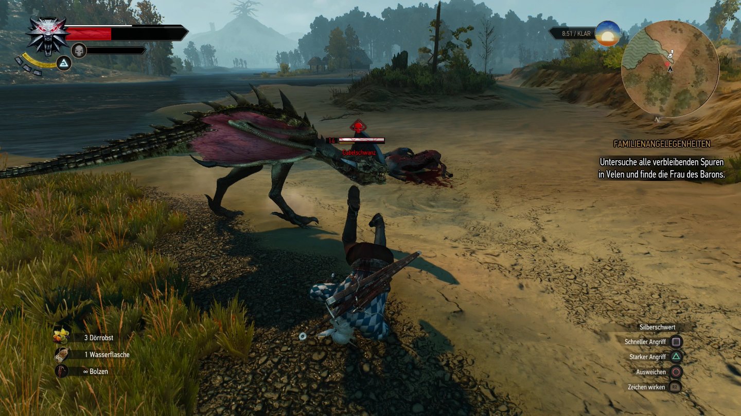 The Witcher 3: Wild HuntWir haben einen Schatz entdeckt, der blöderweise von einem starken Monster bewacht wird. Roter Totenkopf über dem Lebensbalken heißt: Bloß weg hier!