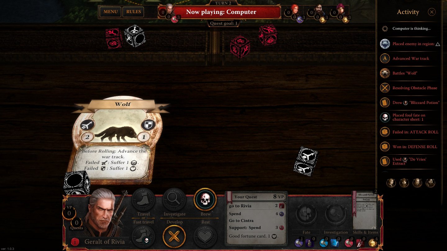 The Witcher Adventure GameKämpfe werden mit hässlichen Würfeln ausgetragen. Hier verdrischt Geralt einen armseligen Wolf.