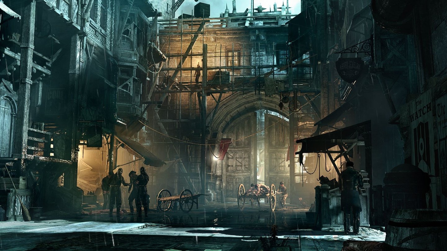 ThiefDer erste Eindruck von der namenlosen Stadt, die wir stets bei Nacht erleben: Leichen stapeln sich auf einem Karren, Wachen schikanieren die Bevölkerung.