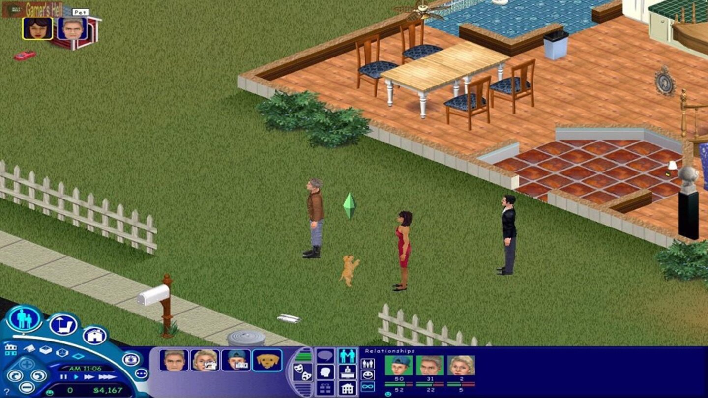 Die Sims: Tierisch gut drauf (2002) Die fünfte Erweiterung, Tierisch gut drauf von 2002, integrierte Haustiere in Die Sims. Während kleinere Tiere (Hamster) wie Einrichtungsgegenstände behandelt werden, beschäftigen sich die Sims mit Hunden und Katzen wie mit anderen Personen. Durch Zuneigung und Training bauen sich Freundschaften zwischen den Hausbewohnern und ihren Tieren auf und sie lernen Tricks. In ihrem Garten können Sims Gemüse anbauen, um Geld zu sparen. Zusätzlich wurden die Nachbarschaften erweitert und neue Geschäftsgrundstücke (Old Town) eingeführt, die mit einem Taxi besucht werden konnten.