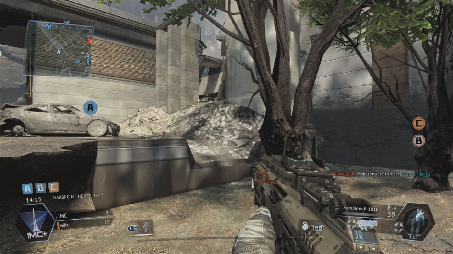 Titanfall für Xbox 360Detailschatten gibt es auf Xbox 360 nicht. Dieser Baum wirft lediglich einige grobe Flecken als Schatten auf den Boden.