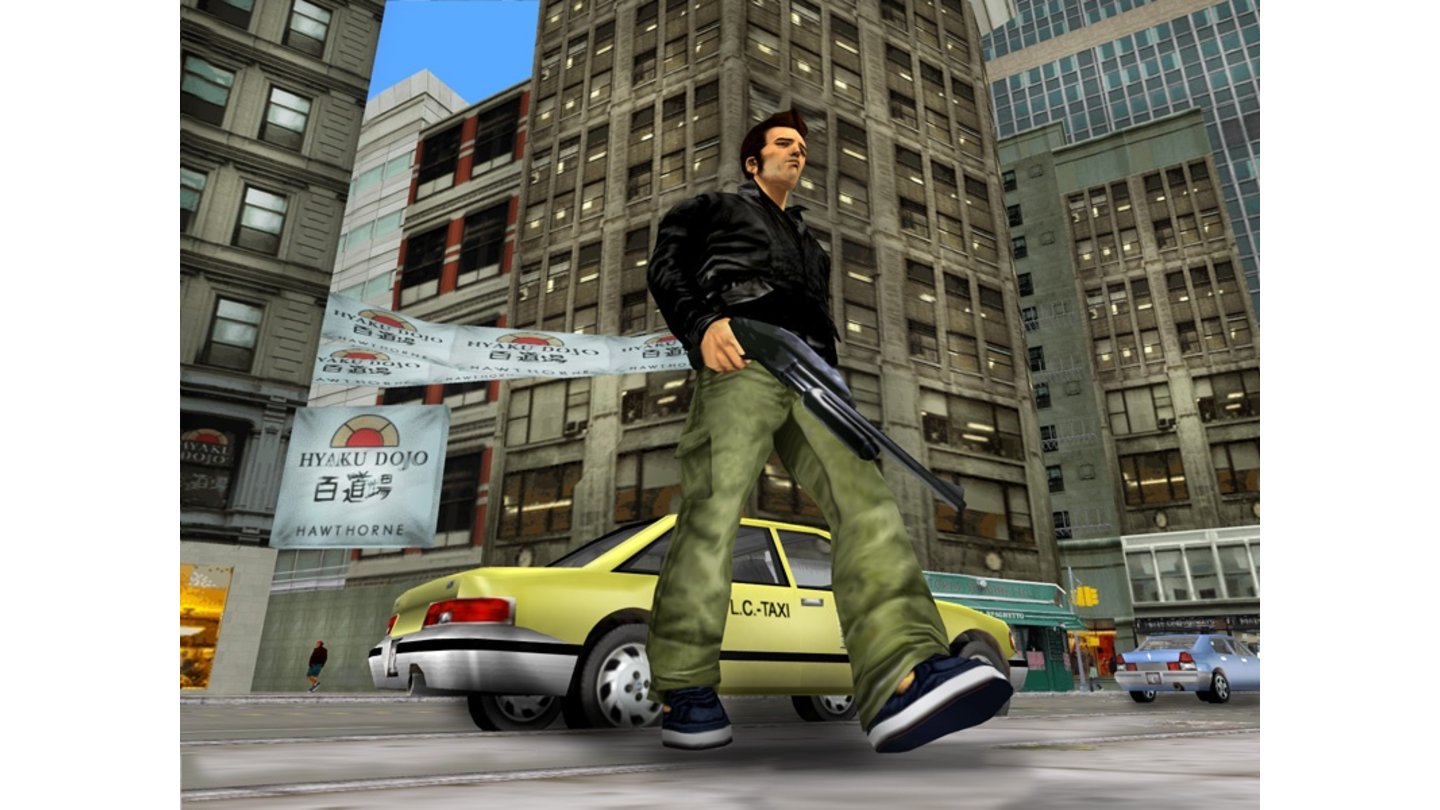GTA III (2001)
GTA III erscheint 2001 als erstes Spiel der GTA-Serie in 3D-Grafik für den PC, die Playstation 2 und die Xbox. Die an lose New York angelehnte Spielstadt Liberty City bietet den Handlungsrahmen für den Rachefeldzug des Spielers, der von seiner Freundin bei einem Banküberfall angeschossen und zurückgelassen wurde – im Verlauf der Geschichte werden die drei Gebiete von Liberty City nach und nach freigeschaltet. Wir steuern den Hauptcharakter aus der Schulterperspektive und erledigen Aufträge für kriminelle Banden, um an Geld zu kommen. Die Ansicht wechselt nur, wenn wir mit bestimmten Waffen (Scharfschützengewehr, M16) zielen oder Drive-By-Shootings ausführen.