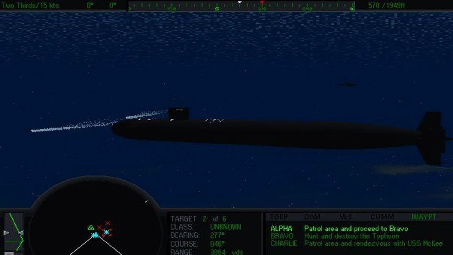 SSN (1996)1996 kommt SSN auf den Markt, das wie der gleichnamige Roman einen U-Boot-Krieg zwischen den USA und China simuliert. Videosequenzen und Nachrichtenmeldungen zwischen den Missionen treiben die Handlung voran. Viele Elemente des U-Boot-Kampfes tauchen im Spiel auf (Torpedos, Langstreckenraketen, Sonar), sind aber durch den Mangel an Entscheidungs- und Befehlsmöglichkeiten für eine Simulation nicht komplex genug umgesetzt.