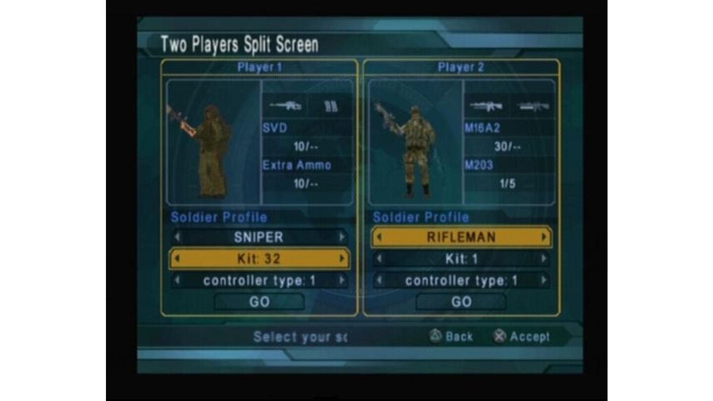 In split screen mode each player has only one soldier so choose equipment carefully