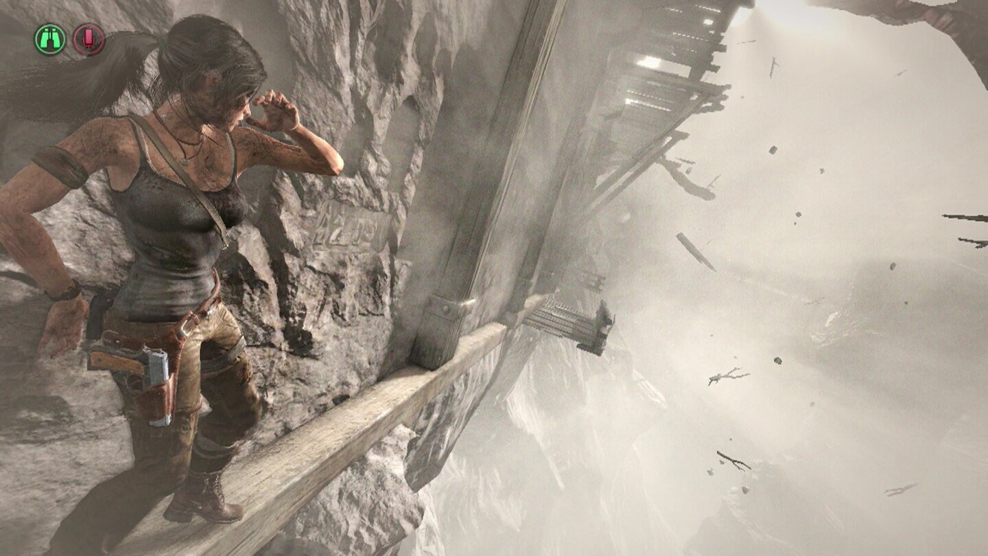 Tomb Raider: Definitive EditionAn bestimmten Stellen können Xbox One-Besitzer die Kamera per Kinect drehen: Achtet dazu auf das grüne Symbol links oben!