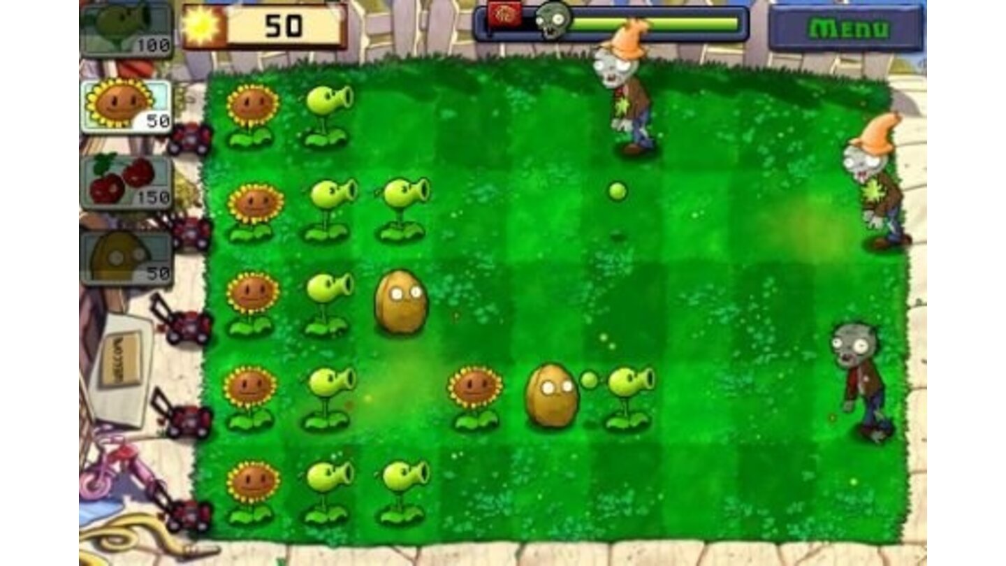 Plants versus Zombies Allein für die Idee, eine heranrückende Zombiearmee mit Heerscharen von Pflanzen zu bekämpfen, haben sich die Entwickler von Plants versus Zombies einen Sonderpreis verdient. Das Genre der Tower-Defense-Spiele ist bekannt für mancherlei skurriles Szenario, aber dieses hier setzt dem Fass die Krone auf: Euer Garten mutiert zum Schlachtfeld. Von rechts rücken unermüdlich Untote auf euch zu, die ihr mit Kürbissen, Sprengkirschen, Erbsenkanonen und fleischfressenden Pflanzen aufhalten müsst. Das vegetarische Waffenarsenal wird bezahlt mit Sonnenenergie, die ihr vor allem von Sonnenblumen bezieht. Schützt die lächelnden Pflänzchen also gut vor der unheiligen Brut! Die grimmigen Unholde sorgen dabei ein ums andere Mal für Lacher: begegnet dem Michael-Jackson-Imitatorzombie mit seinen nicht minder schrägen Tänzern, einem zeitungslesenden Opazombie oder gar gestandenen Footballuntoten in voller Rüstung. Fünfzig Levels umfasst das Hauptspiel, das gegen Ende auch einen strammen Schwierigkeitsgrad auffährt. GamePro-Wertung: 90%