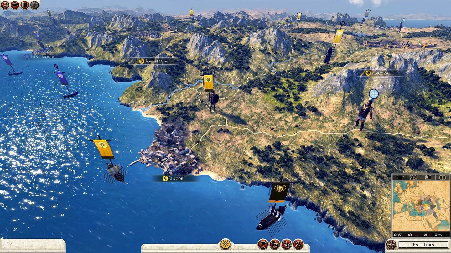 Total War: Rome 2Kleinasien gehört zum Siedlungsgebiet der Pontier (gelb). Diese spielbare Fraktion wird zum Verkaufsstart mit einem kostenlosen Patch eingebaut.