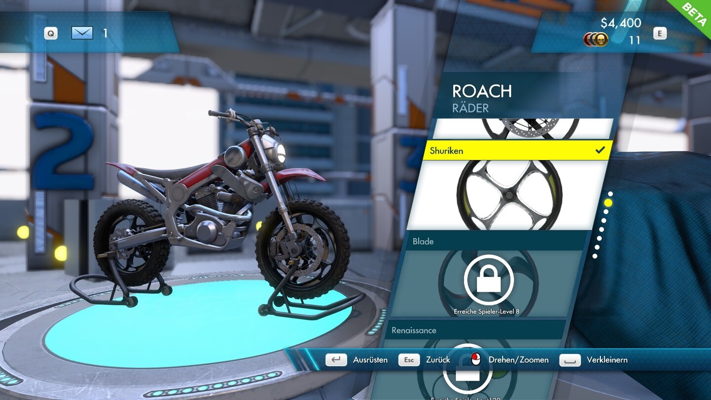 Trials Fusion - Beta-ScreenshotsIn der Werkstatt können wir unsere Fahrzeuge individuell anpassen und gestalten. Neue Räder oder Lackierungen verändern allerdings nur das Aussehen und nicht die Leistung unseres Motorrads.