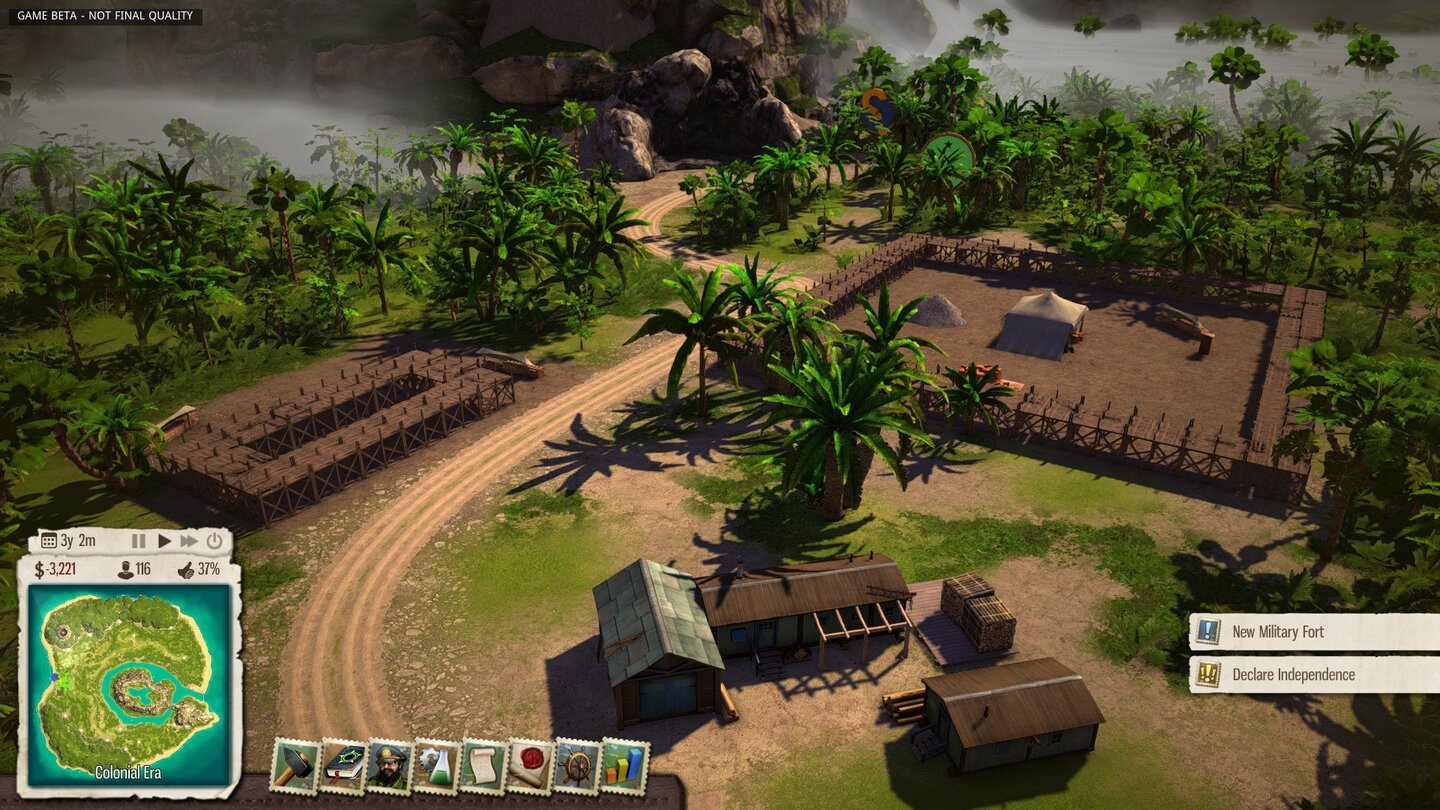 Tropico 5Verborgen vor unseren Kolonialherren bauen wir im Dschungel eine geheime Widerstandsarmee.