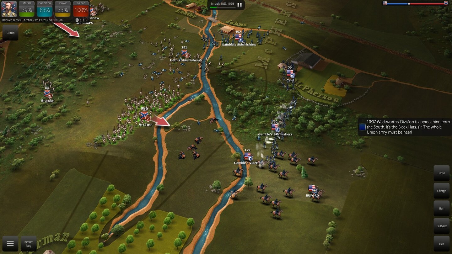 Ultimate General: Gettysburg - Screenshost aus der Early-Access-VersionDer Gegner ist vorerst geschlagen und zieht sich einige hundert Meter unter General Bufords Befehl zurück. Rechts bekommen wir eine Anzeige unseres Generalstabs, der auf Verstärkungen aus dem Süden hinweist.