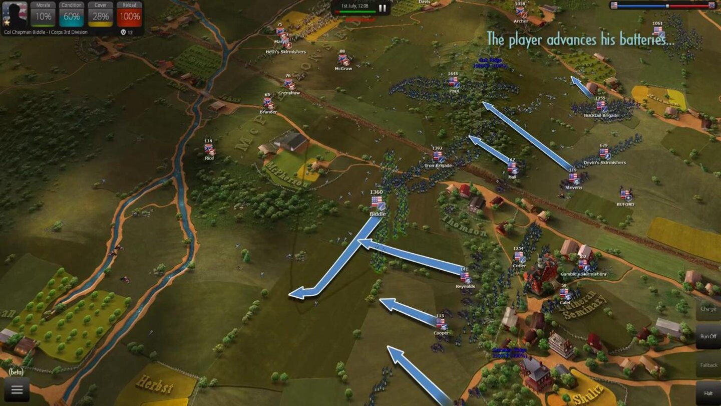 Ultimate General: Gettysburg
Truppenbewegungen werden per Pfeile markiert, um den Überblick zu bewahren und eine echte Generalstabs-Atmosphäre aufzubauen.