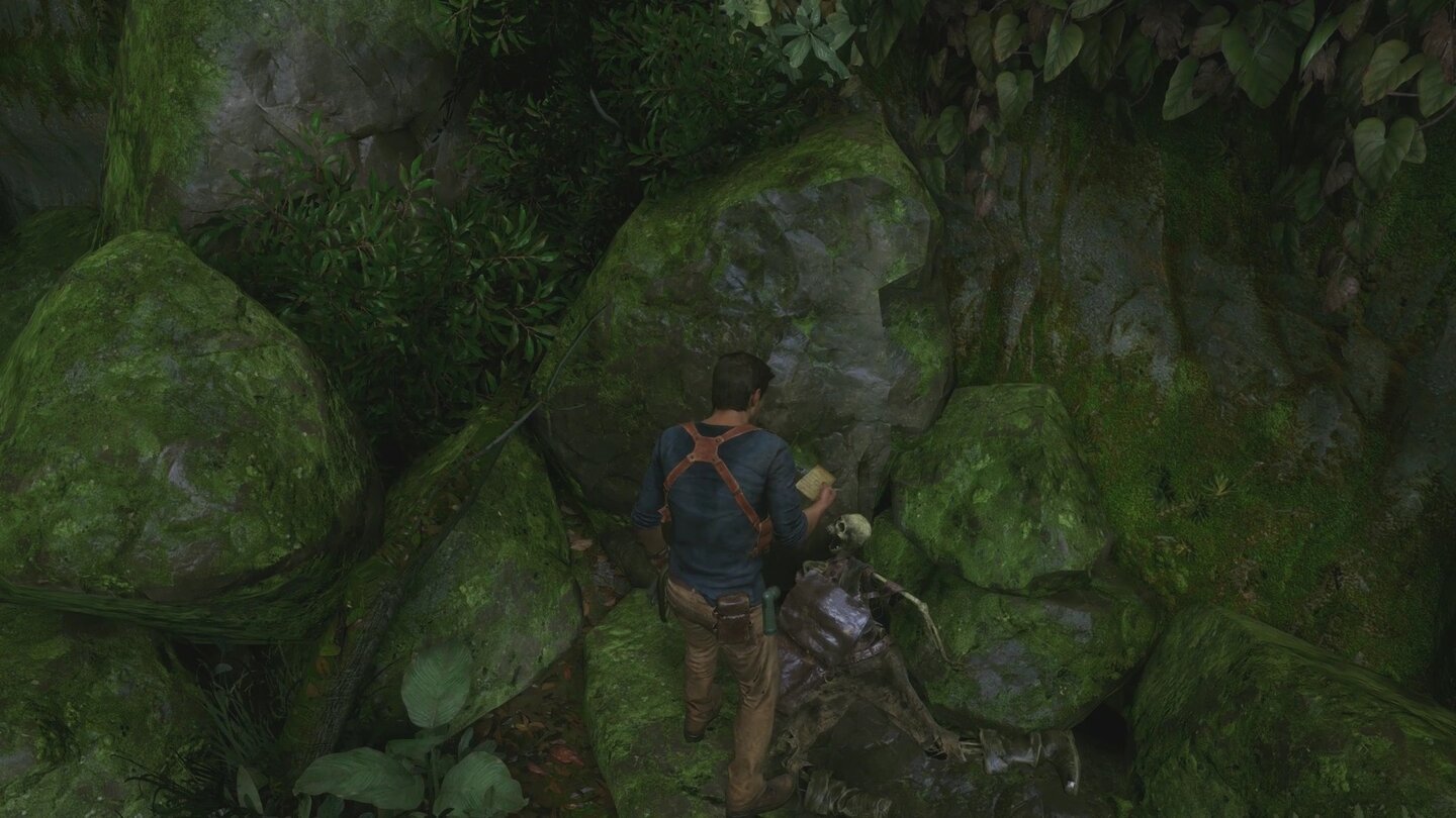 Uncharted 4: A Thief's EndNext-Gen-Touch: Die Notiz dieses Skeletts zieht Nate aus der Ledertasche des Dahingeschiedenen.