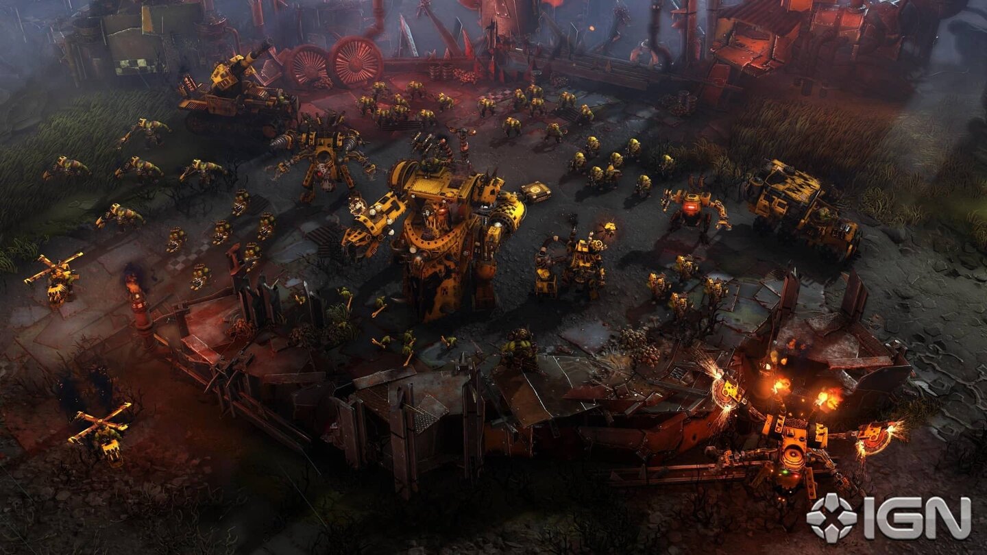 Warhammer 40.000: Dawn of War 3Orks lieben ihr Kriegsgerät: Aus dem Trukk (rechts) schießen wir unsere Jungs auf den Feind, der dicke Morkanaut steckt derweil Schaden ein.