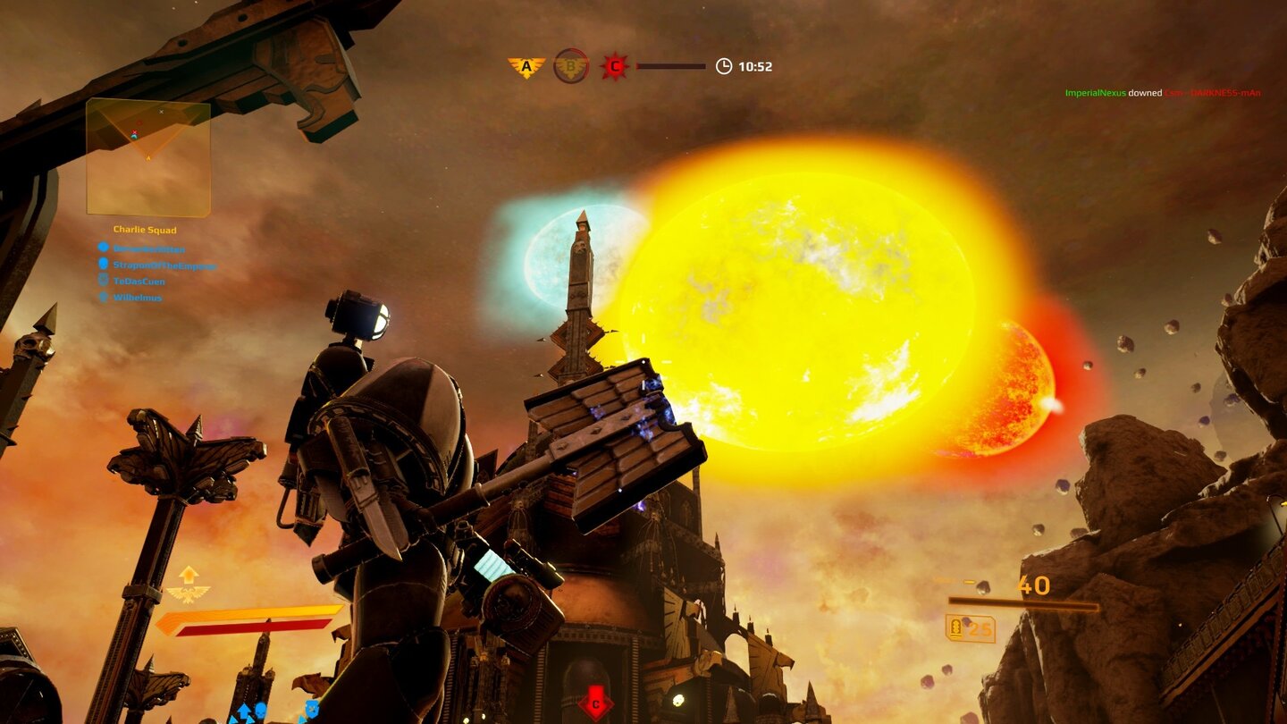 Warhammer 40.000: Eternal CrusadeEine verzerrte, aufgeklebte Sonne scheint vom verpixelten Himmel. Ultra-Detailstufe.
