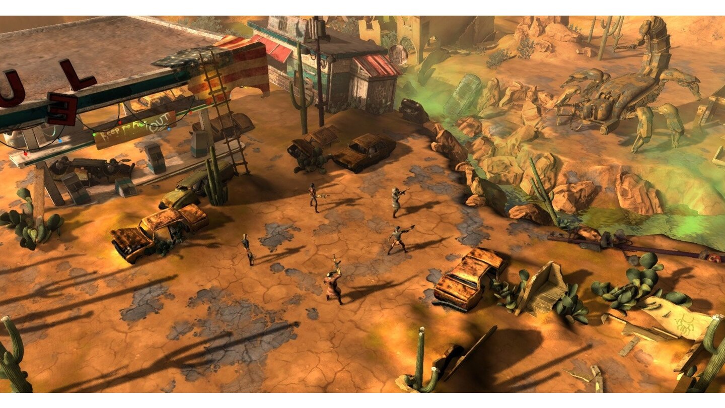 Wasteland 2Der bisher einzige offizielle Screenshot zeigt eine gestellte Szene, in der vier Desert Rangers gegen einen mechanischen Riesenskorpion antreten.