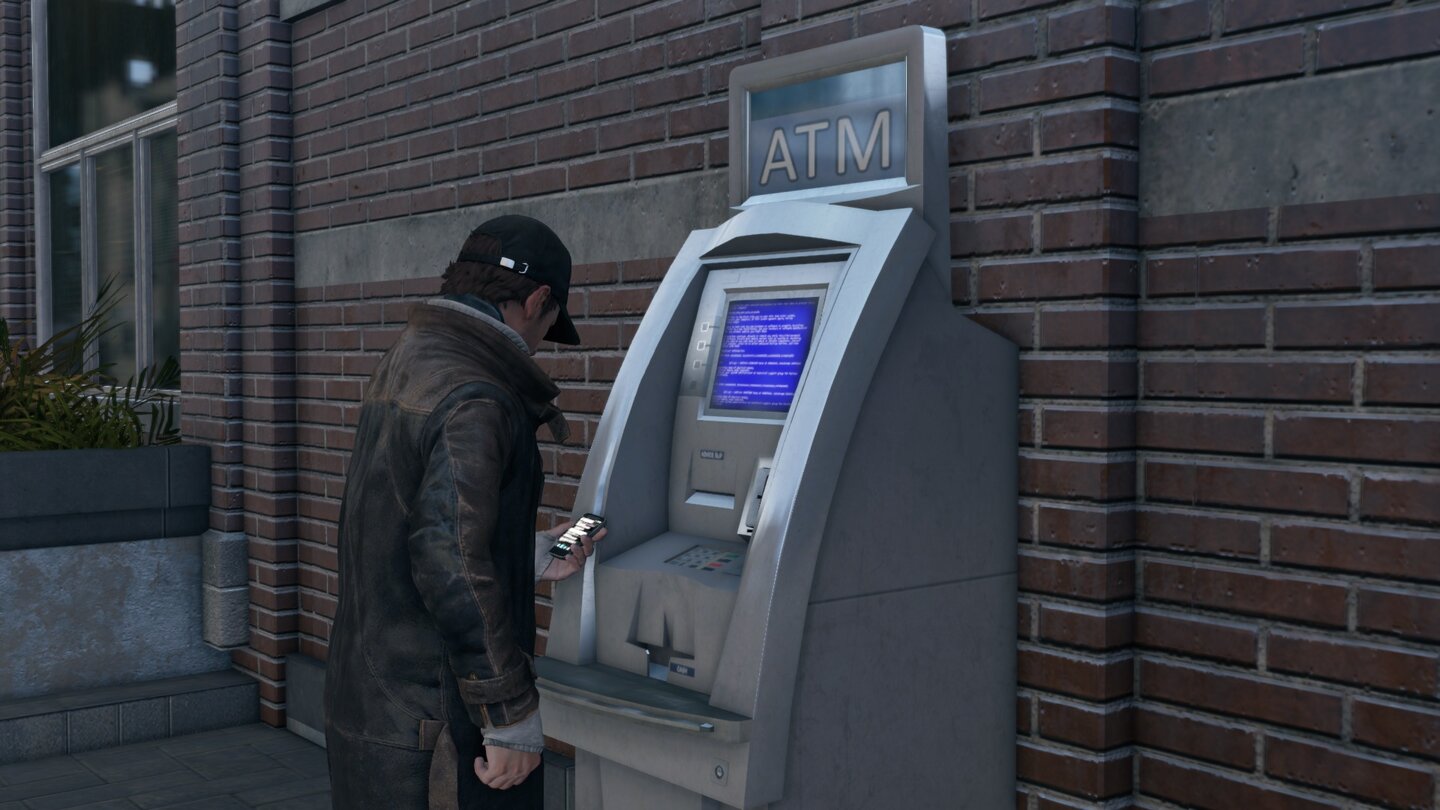 Das Geld, das wir Passanten geklaut haben, können wir am Geldautomaten einsacken