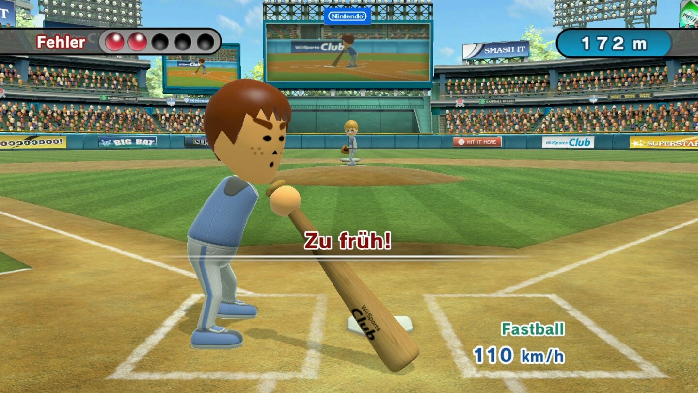 Wii Sports ClubBeim Baseball ist vor allem das Timing richtig. schlagen wir fünfmal daneben, ist schluss.