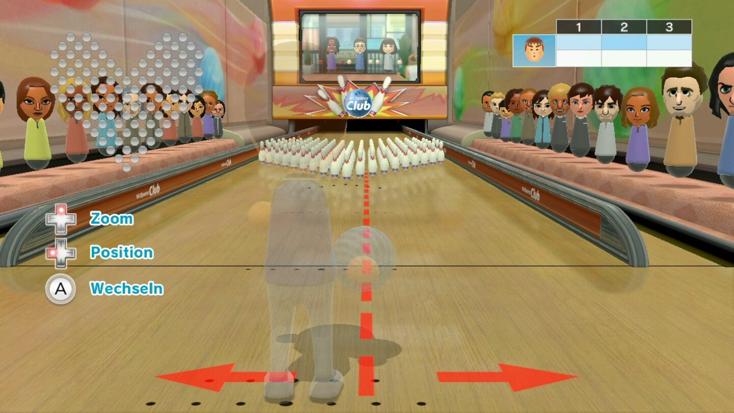 Wii Sports ClubBeim Bowling müssen wir nicht nur entscheiden, von wo aus wir werfen, sondern auch wie. Sogar ein Links- oder Rechtsdrall ist möglich.