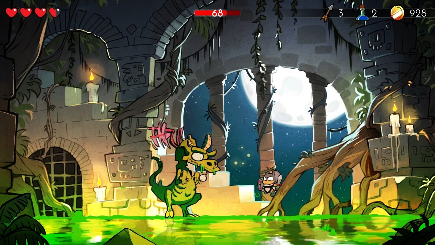 Wonder Boy: The Dragon's TrapDas Gegnerdesign ist teilweise zum Totlachen. Diesem Drachen-Zombie etwa hängt ein Augapfel aus der Höhle.