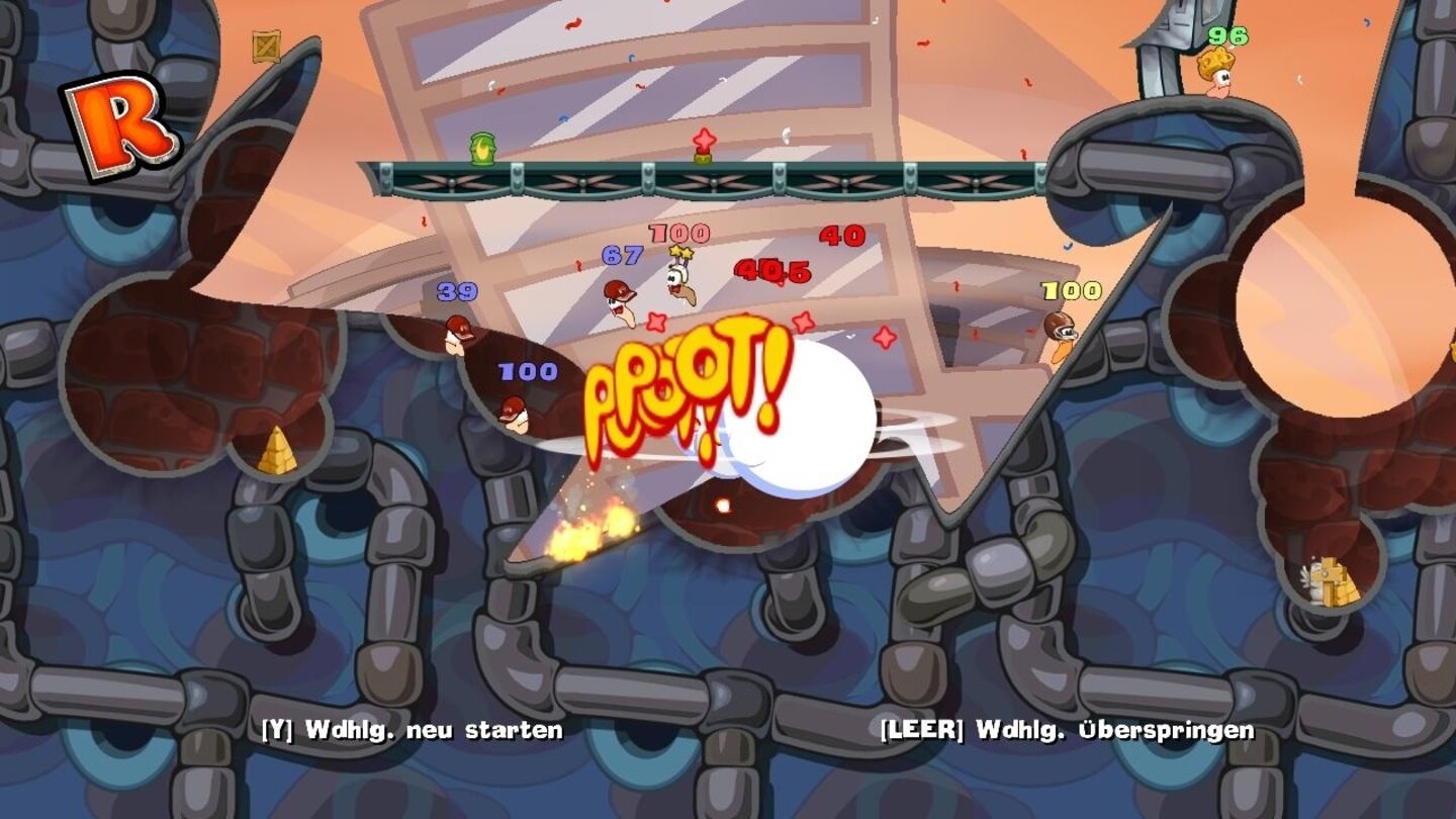 Worms: Reloaded (2010)
Mit Worms: Reloaded kehrt Team17 wieder zu den Wurzeln der Worms-Serie zurück. Die Engländer verabschieden sich von den 3D-Experimenten (Worms 3D, Worms Forts) und konzentriert sich wieder auf die bekannten Spielelemente aus den 2D-Klassikern (vor allem Worms Armageddon und Worms World Party) und legen es in HD über Steam neu auf. Ganz nach dem Motto: Das Spielkonzept von Worms ist perfekt, jetzt können wir es bloß noch schöner machen.