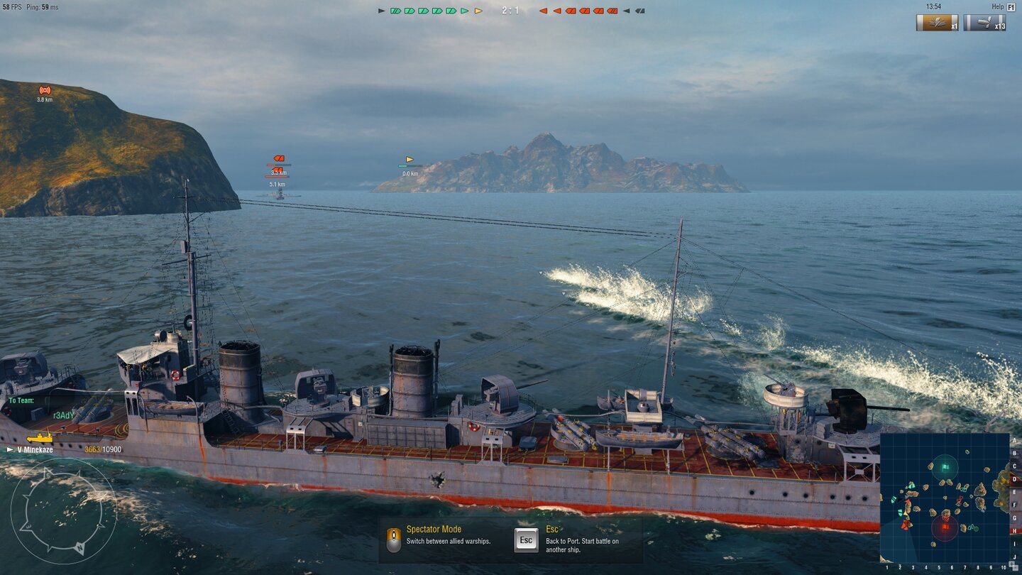 World of Warships - Screenshots aus der Closed BetaTorpedos los! Bevor der Zerstörer abdreht und sich hinter der Insel links in Sicherheit bringt, hat er seine »Aale« losgeschickt.