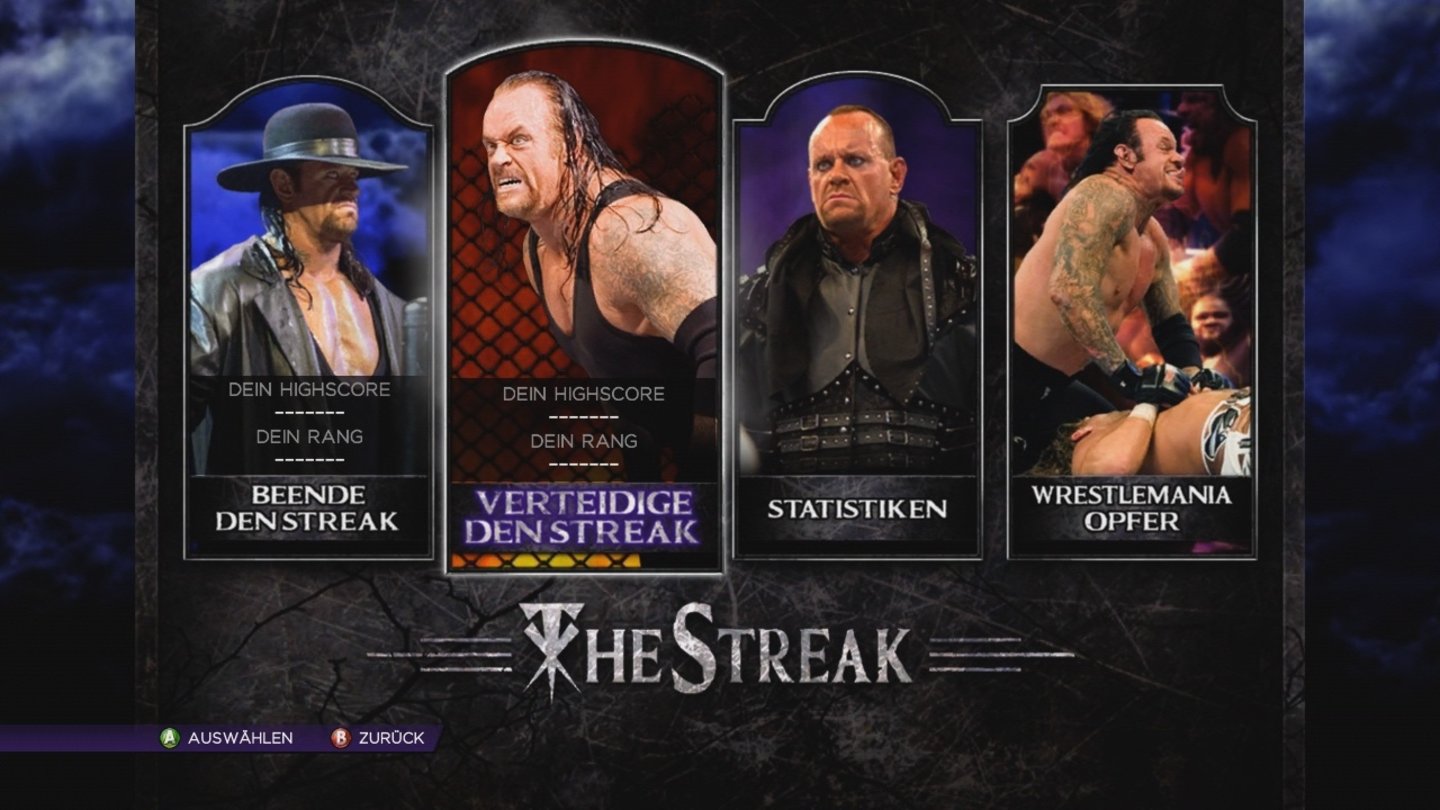 WWE 2K14Im Modus »The Streak« tretet ihr wahlweise gegen oder als Undertaker an, um die Siegesserie zu beenden, bzw. im Survival-Modus zu verlängern.